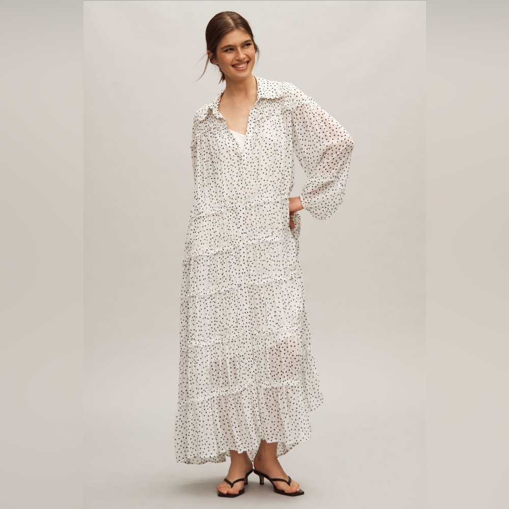 ✨ Anthropologie Long-Sleeve Smocked Tiered Maxi Dress Sz M - Picture 1 of 9